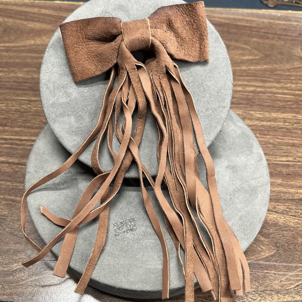 Vintage Radiance Bow Tie With Fringe N.Y.C. USA Faux Brown Suede Leather Clip On